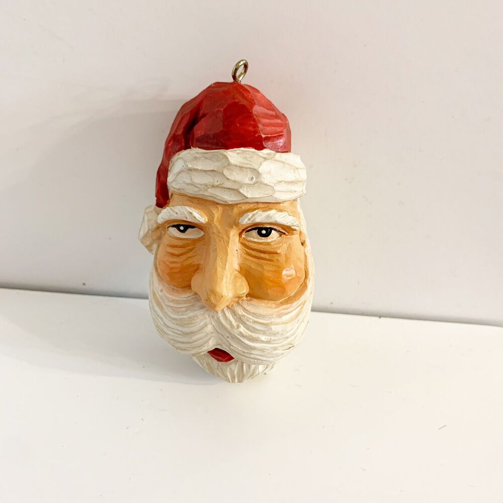 Vintage Santa Christmas Ornament Carved Look Long Face Folk Art 3.5 Inch